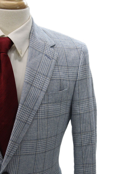Peter Elliot Mens Blazer Blue Plaid Wool Linen Cotton Button Size 42