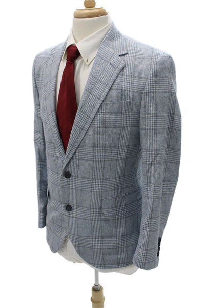 Peter Elliot Mens Blazer Blue Plaid Wool Linen Cotton Button Size 42