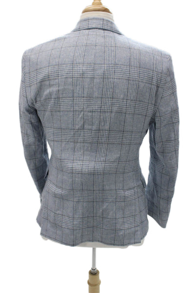 Peter Elliot Mens Blazer Blue Plaid Wool Linen Cotton Button Size 42