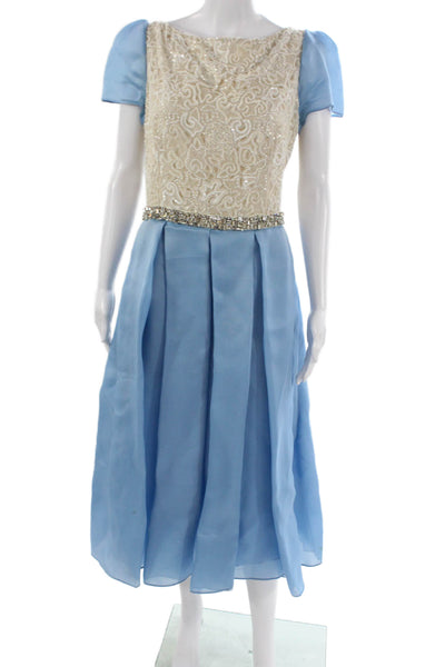 Naeem Khan Women A-Line Dress Blue Silk Boat Neck Short Sleeve Mid-Calf Size 10