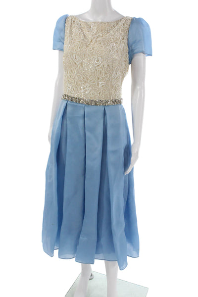 Naeem Khan Women A-Line Dress Blue Silk Boat Neck Short Sleeve Mid-Calf Size 10