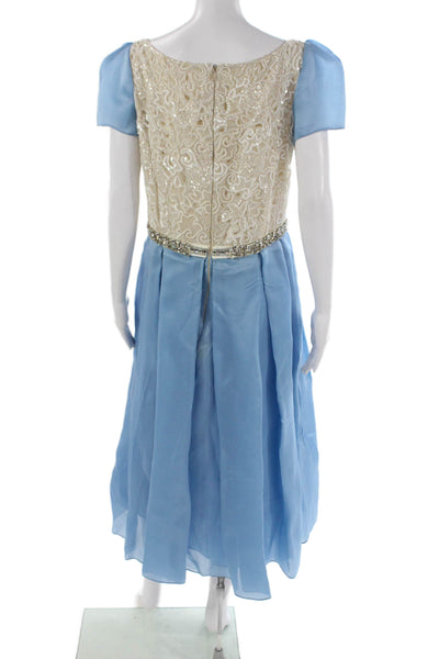 Naeem Khan Women A-Line Dress Blue Silk Boat Neck Short Sleeve Mid-Calf Size 10