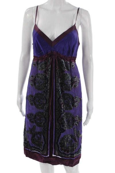 Hale Bob Womens Silk Paisley V-Neck Sleeveless Slip Dress Purple Boho Size S