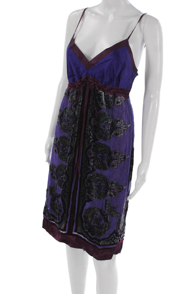 Hale Bob Womens Silk Paisley V-Neck Sleeveless Slip Dress Purple Boho Size S