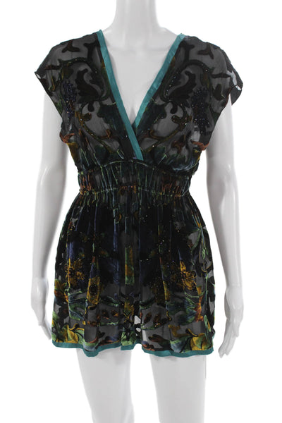 Hale Bob Womens Silk Floral V-Neck Tunic Short Sleeve Multicolor Size S