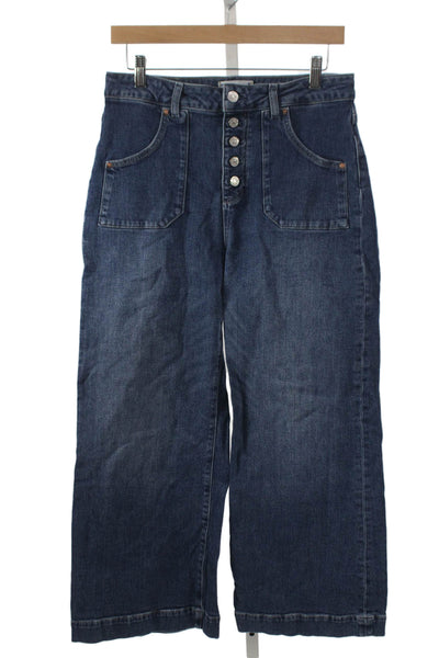Paige Women Wide Leg Jeans Blue High Rise Cotton Blend Size 30