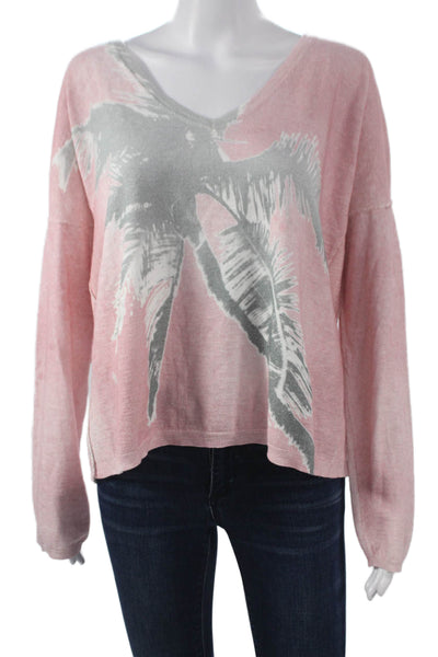 LIT Women Pullover Sweater V-Neck Long Sleeve Floral Pink Size L