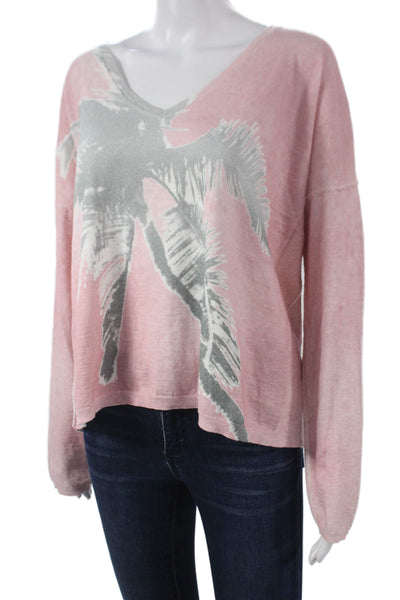 LIT Women Pullover Sweater V-Neck Long Sleeve Floral Pink Size L