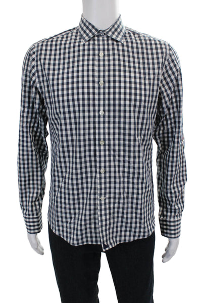 Untuckit Mens Cotton Collared Geometric Print Button Down Shirt Blue Size M