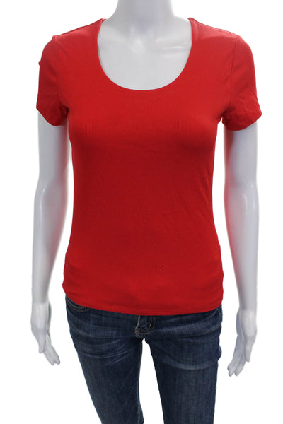Tahari Womens Basic T-Shirt Red Nylon Scoop Neck Short Sleeve Pullover Size XS