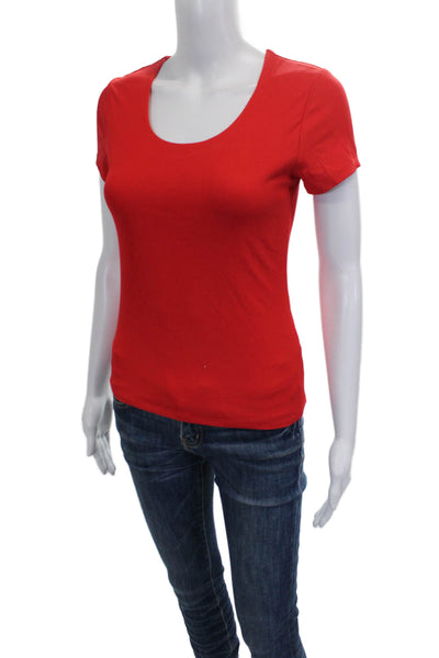 Tahari Womens Basic T-Shirt Red Nylon Scoop Neck Short Sleeve Pullover Size XS