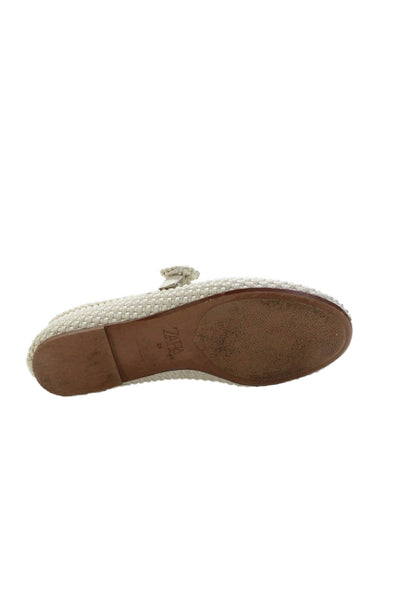 Zara Womens Single Strap Woven Leather Mary Jane Ballet Flats White Size 38