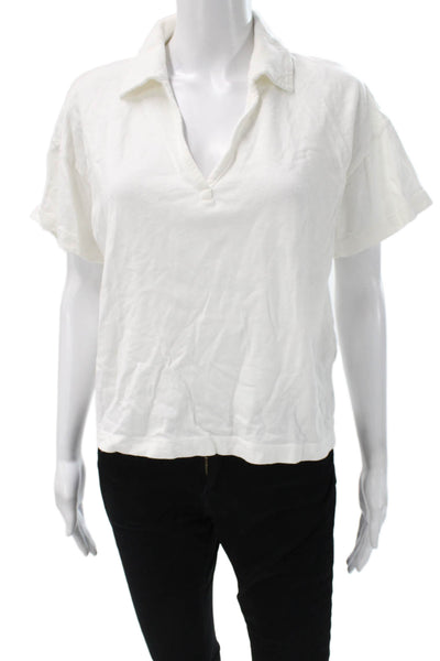Marine Layer Women Basic Polo Collared Short Sleeve White Cotton Size M
