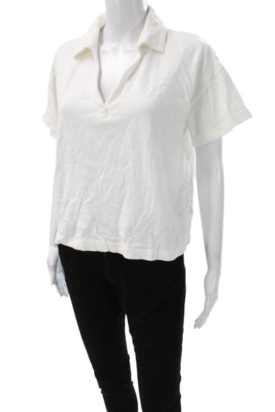 Marine Layer Women Basic Polo Collared Short Sleeve White Cotton Size M