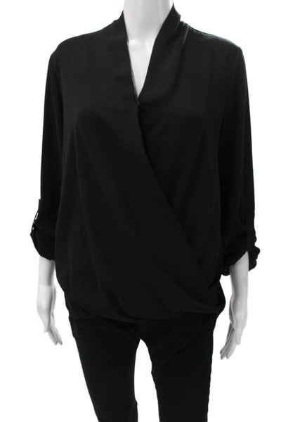 Pleione Women Black V-Neck Long Sleeve Basic Blouse Polyester Size M