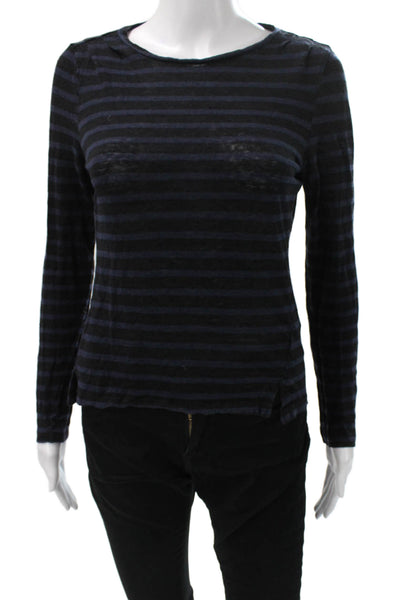 Frame Shirt Womens Black Linen Striped Long Sleeve T-Shirt Size S