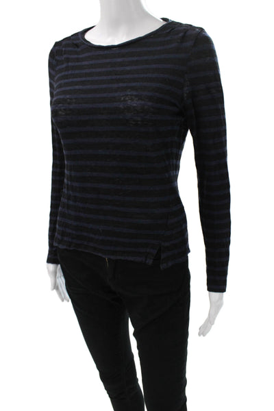 Frame Shirt Womens Black Linen Striped Long Sleeve T-Shirt Size S
