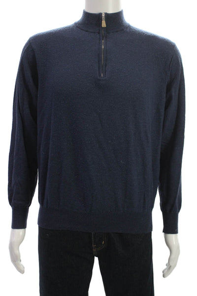 Peter Millar Mens Pullover Sweater Blue Merino Mock Neck Long Sleeve Size L