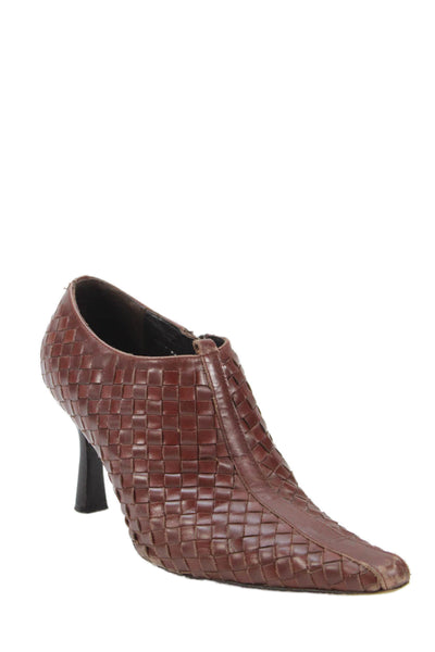 Donald J Pliner Womens Woven Leather Zip Pointed Toe Bootie Shoes Brown Sz 7.5M