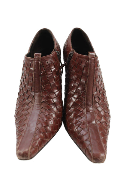 Donald J Pliner Womens Woven Leather Zip Pointed Toe Bootie Shoes Brown Sz 7.5M
