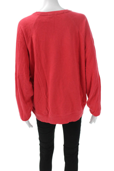 Leallo Women Red Cotton Pullover Sweatshirt Round Neck Long Sleeve Size L