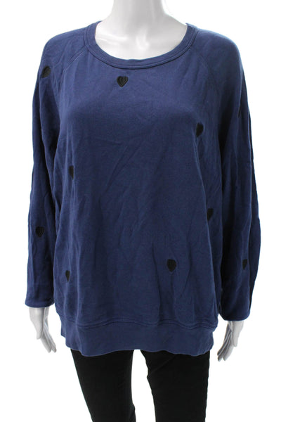 Leallo Women Blue Cotton Scoopneck Heart Pullover Sweatshirt Long Sleeve Size L