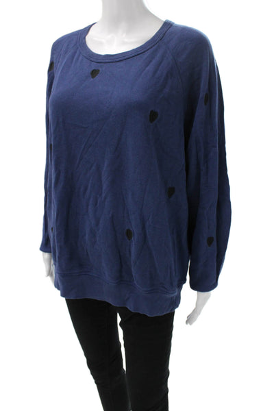 Leallo Women Blue Cotton Scoopneck Heart Pullover Sweatshirt Long Sleeve Size L
