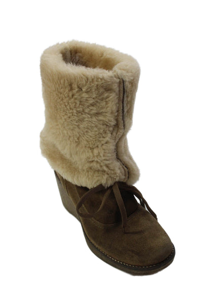 C La Canadienne Womens Suede Cuffed Wedge Heel Ankle Boots Brown Size 6