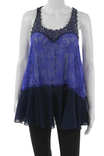Free People Womens Camisole Blue Floral Scoop Neck Polyester Boho Size S