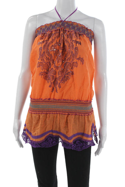 Hale Bob Women Orange Geometric Halter Tunic Cotton Boho Size M