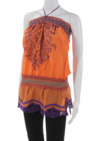 Hale Bob Women Orange Geometric Halter Tunic Cotton Boho Size M