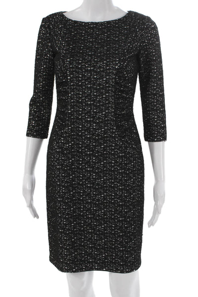 David Meister Women Sheath Dress Black BoatNeck 3/4 Sleeve Zip Polyester Size 2