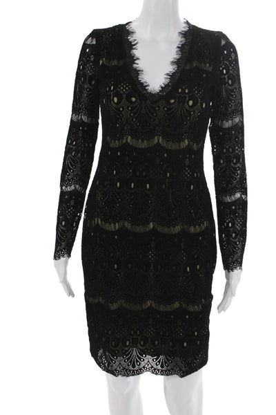 Amanda Uprichard Womens Sheath Dress Black V Neck Long Sleeve Lace Size 2