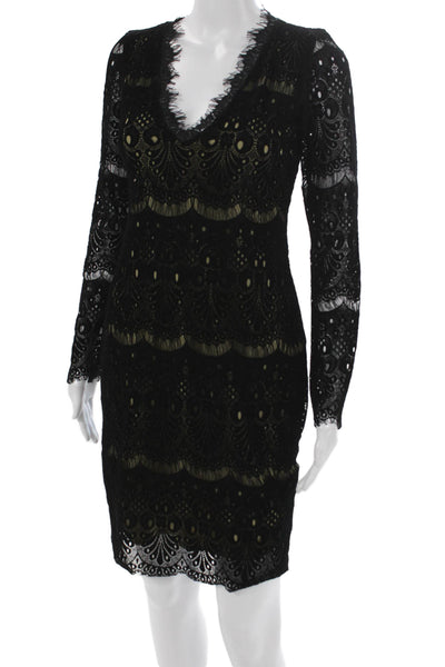 Amanda Uprichard Womens Sheath Dress Black V Neck Long Sleeve Lace Size 2