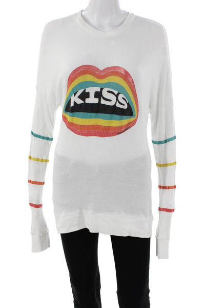 Lauren Moshi Womens Striped Rainbow Rayon Long Sleeve Crew Neck T-Shirt Size M