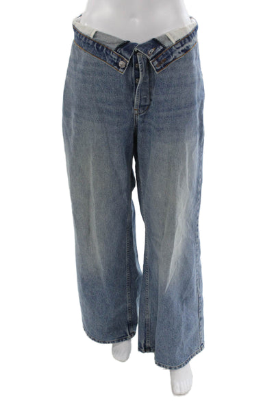 Denim Women Wide-Leg Jeans Blue High Rise Cotton Button Size 32