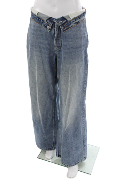 Denim Women Wide-Leg Jeans Blue High Rise Cotton Button Size 32