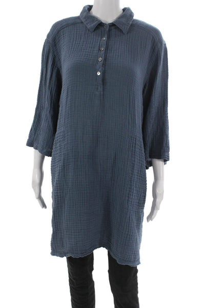 Michael Stars Women Tunic Blouse Blue Collared 3/4 Sleeve Cotton Size L