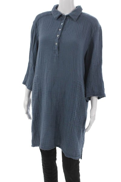 Michael Stars Women Tunic Blouse Blue Collared 3/4 Sleeve Cotton Size L