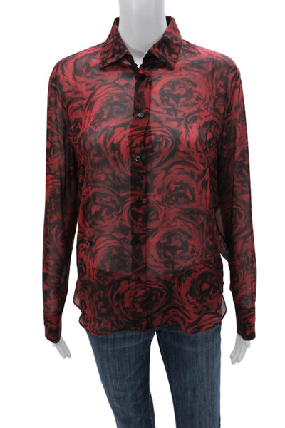 Christian Dior Women Red Silk Floral Button-Up Blouse Long Sleeve Size 2