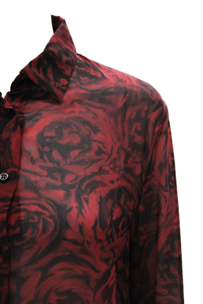Christian Dior Women Red Silk Floral Button-Up Blouse Long Sleeve Size 2