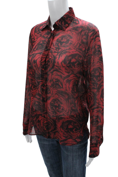 Christian Dior Women Red Silk Floral Button-Up Blouse Long Sleeve Size 2