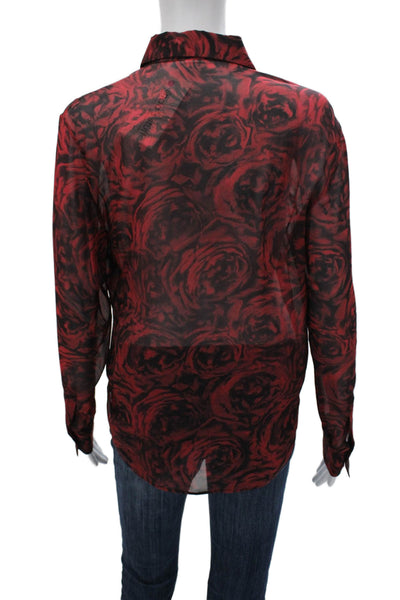 Christian Dior Women Red Silk Floral Button-Up Blouse Long Sleeve Size 2