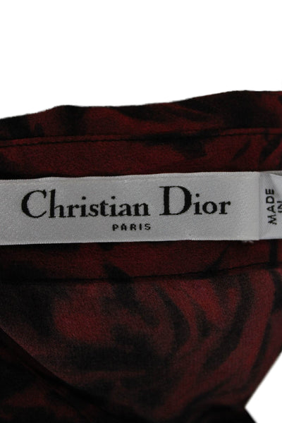 Christian Dior Women Red Silk Floral Button-Up Blouse Long Sleeve Size 2