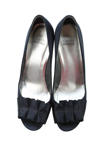 Stuart Weitzman Womens Peep Toe Ruffle Detail Heels Shoes Dark Navy Size 7.5M