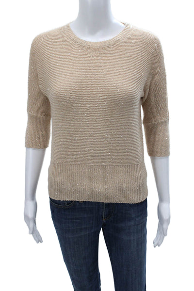Max Mara Womens Pullover Sweater Beige Crew Neck 3/4 Sleeve Size S