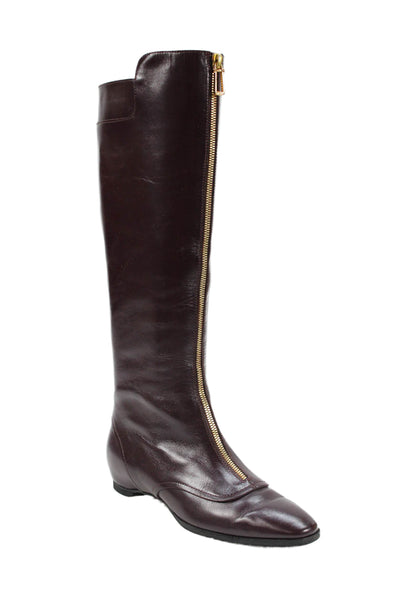 Tods Womens Leather Front Zipper Knee High Boots Eggplant Purple Size 37 7
