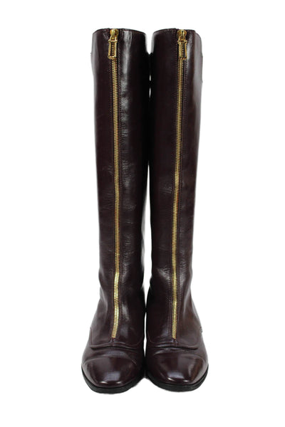 Tods Womens Leather Front Zipper Knee High Boots Eggplant Purple Size 37 7