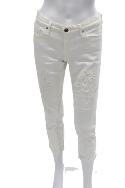 AG Adriano Goldschmied Women Capri Jeans White Floral Cotton Button Size 27
