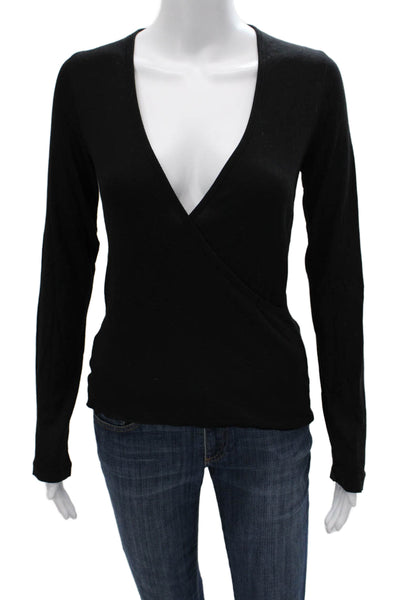 Splendid Women Basic Black V-Neck Long Sleeve T-Shirt Size S